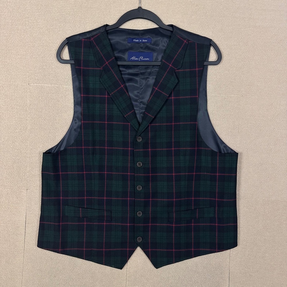 Alan Flusser Vest Mens XL Green Plaid Notched Lapel Adjustable Cinch Back